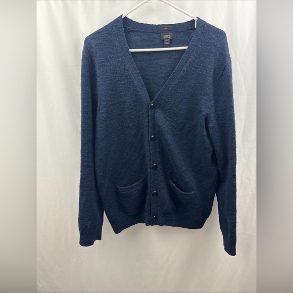 J. Crew Other - J Crew Sweater Mens L Blue Grandpa Cardigan 100% Merino Wool Elbow Patch Slim
